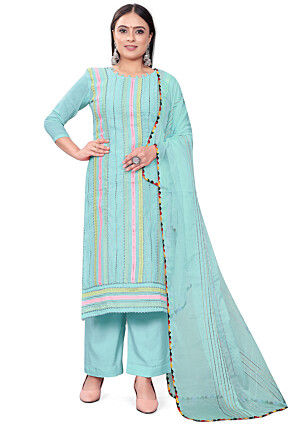 Sky Blue Chanderi Cotton Pant Salwar Suit
