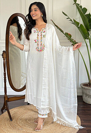 Embroidered Chanderi Cotton Pakistani Suit in White