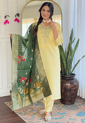 Embroidered Chanderi Cotton Pakistani Suit in Yellow