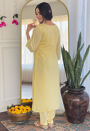 Embroidered Chanderi Cotton Pakistani Suit in Yellow