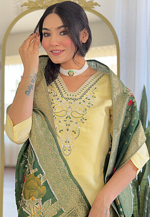 Embroidered Chanderi Cotton Pakistani Suit in Yellow