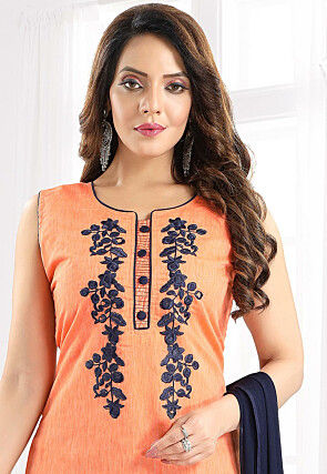 Embroidered Chanderi Cotton Punjabi Suit in Orange