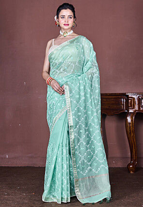 Embroidered Chanderi Silk Saree in Green