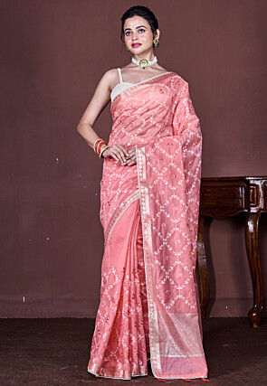 Embroidered Chanderi Silk Saree in Peach