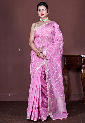 Embroidered Chanderi Silk Saree in Pink