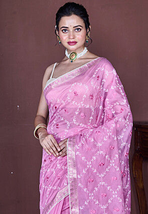 Embroidered Chanderi Silk Saree in Pink