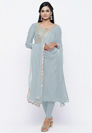 Embroidered Chanderi Cotton Straight cut Suit in Pastel Grey