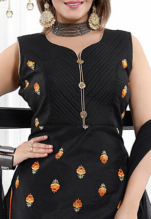 Embroidered Chanderi Cotton Straight Suit in Black
