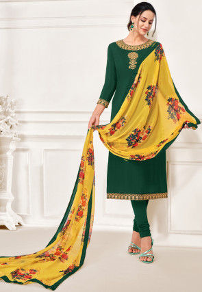 Embroidered Chanderi Cotton Straight Suit in Green