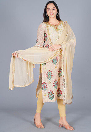 Embroidered Chanderi Cotton Straight Suit in off White