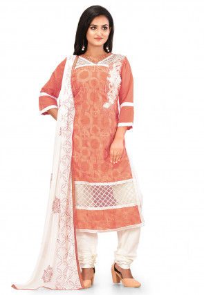 Embroidered Chanderi Cotton Straight Suit in Peach