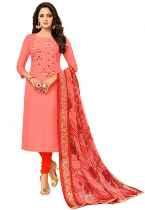 Embroidered Chanderi Cotton Straight Suit in Peach