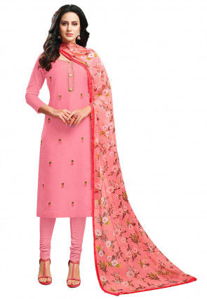 Embroidered Chanderi Cotton Straight Suit in Pink