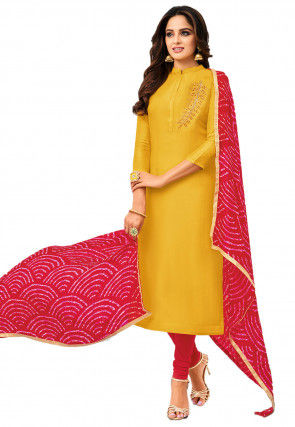 Embroidered Chanderi Cotton Straight Suit in Yellow