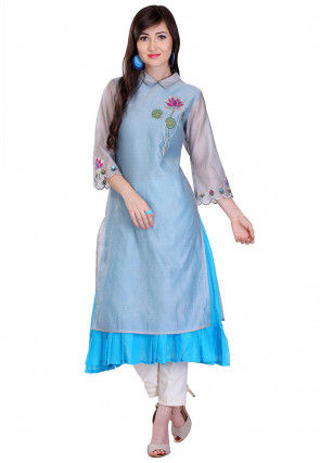 Embroidered Chanderi Layered Kurta Set in Grey and Turquoise
