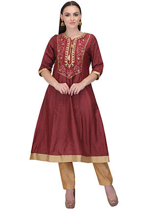 Embroidered Chanderi Silk A Line Kurta and Pant Set in Maroon