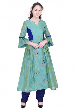 Embroidered Chanderi Silk A Line Kurta in Light Teal Green