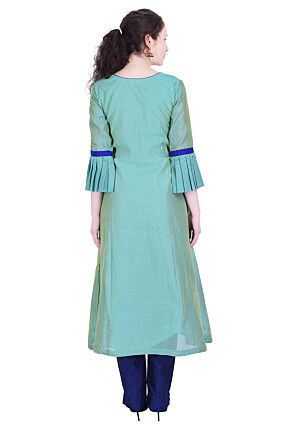 Embroidered Chanderi Silk A Line Kurta in Light Teal Green