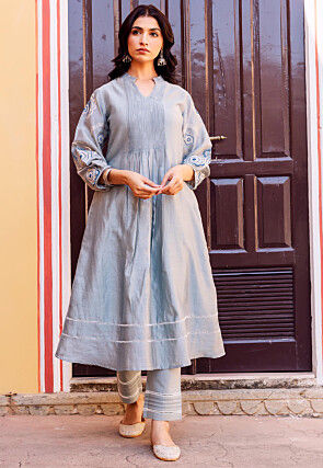 Embroidered Chanderi Silk A Line Kurta Set in Dusty Blue