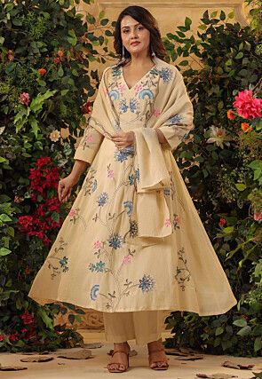 Embroidered Chanderi Silk A Line Suit in Beige