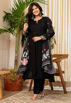 Embroidered Chanderi Silk A Line Suit in Black
