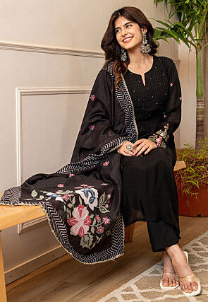 Embroidered Chanderi Silk A Line Suit in Black