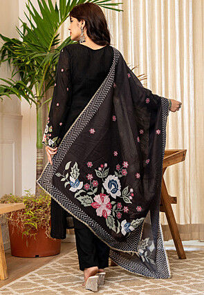 Embroidered Chanderi Silk A Line Suit in Black