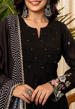 Embroidered Chanderi Silk A Line Suit in Black