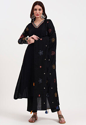 Embroidered Chanderi Silk A Line Suit in Black