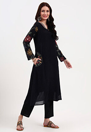 Embroidered Chanderi Silk A Line Suit in Black