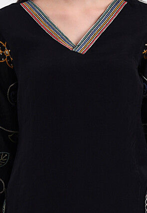 Embroidered Chanderi Silk A Line Suit in Black