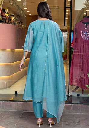 Embroidered Chanderi Silk A Line Suit in Blue