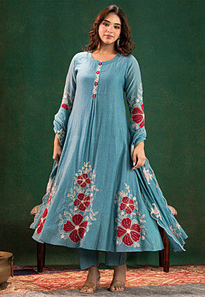 Embroidered Chanderi Silk A Line Suit in Blue