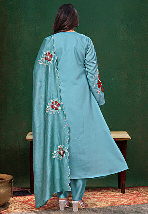 Embroidered Chanderi Silk A Line Suit in Blue