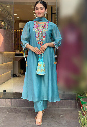 Embroidered Chanderi Silk A Line Suit in Blue
