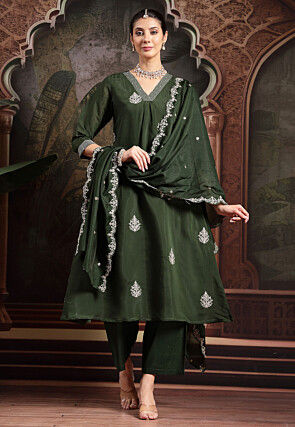 Embroidered Chanderi Silk A Line Suit in Dark Olive Green