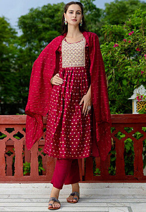 Embroidered Chanderi Silk A Line Suit in Fuchsia