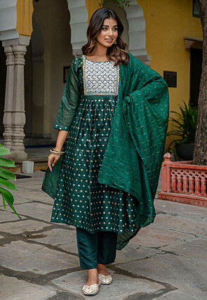 Embroidered Chanderi Silk A Line Suit in Green
