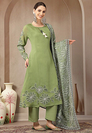 Embroidered Chanderi Silk A Line Suit in Green