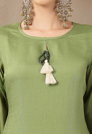 Embroidered Chanderi Silk A Line Suit in Green