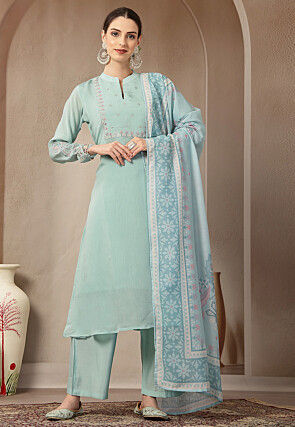 Embroidered Chanderi Silk A Line Suit in Light Blue