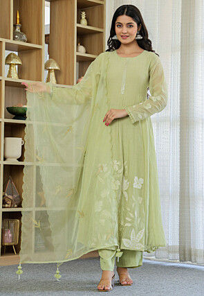 Embroidered Chanderi Silk A Line Suit in Light Green