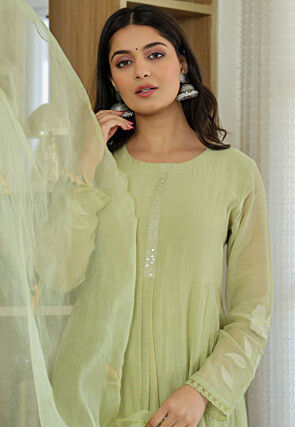 Embroidered Chanderi Silk A Line Suit in Light Green