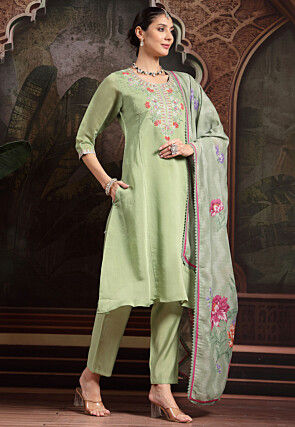 Embroidered Chanderi Silk A Line Suit in Light Green