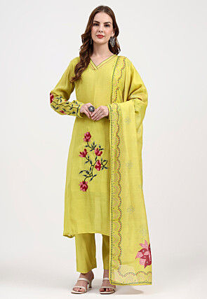 Embroidered Chanderi Silk A Line Suit in Light Green