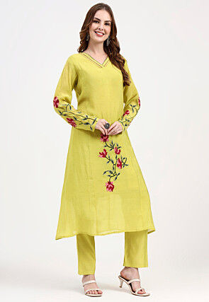 Embroidered Chanderi Silk A Line Suit in Light Green