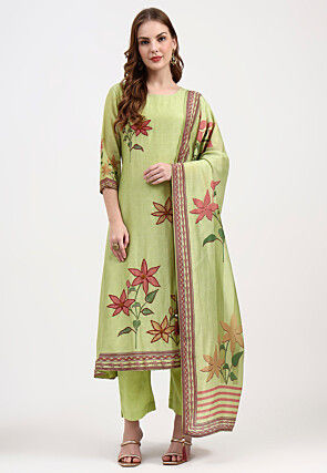 Embroidered Chanderi Silk A Line Suit in Light Green