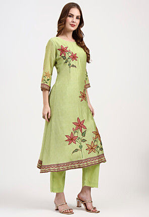 Embroidered Chanderi Silk A Line Suit in Light Green