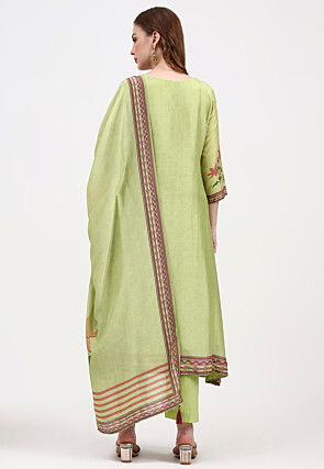 Embroidered Chanderi Silk A Line Suit in Light Green