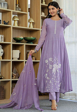 Embroidered Chanderi Silk A Line Suit in Light Purple